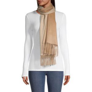Qi Womens Cashmere Combo Double Faced Fringe Scarf Camel/Ivory - NWT $149